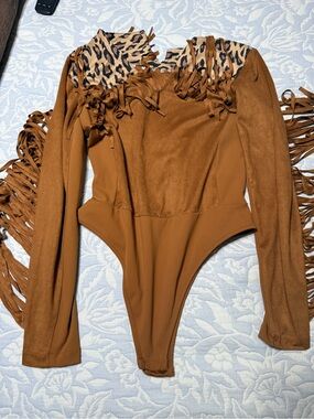 Western Brown Leopard-Trim Fringe Long Sleeve Bodysuit